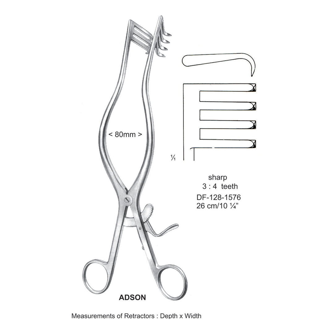 Adson Retractors Sharp 3X4 Teeth 26Cm, 80mm Width (DF-128-1576) by Dr. Frigz