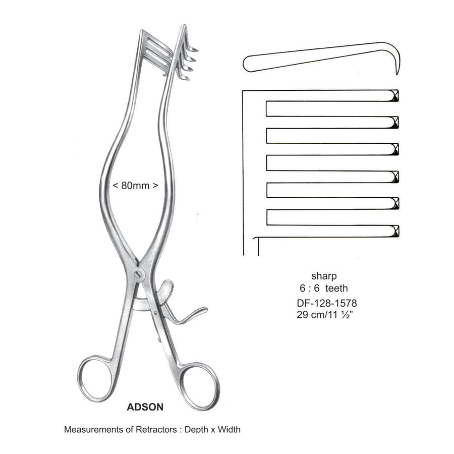 Adson Retractors, 29Cm, 6X6 Teeth,Sharp, 80mm Width (DF-128-1578) by Dr. Frigz