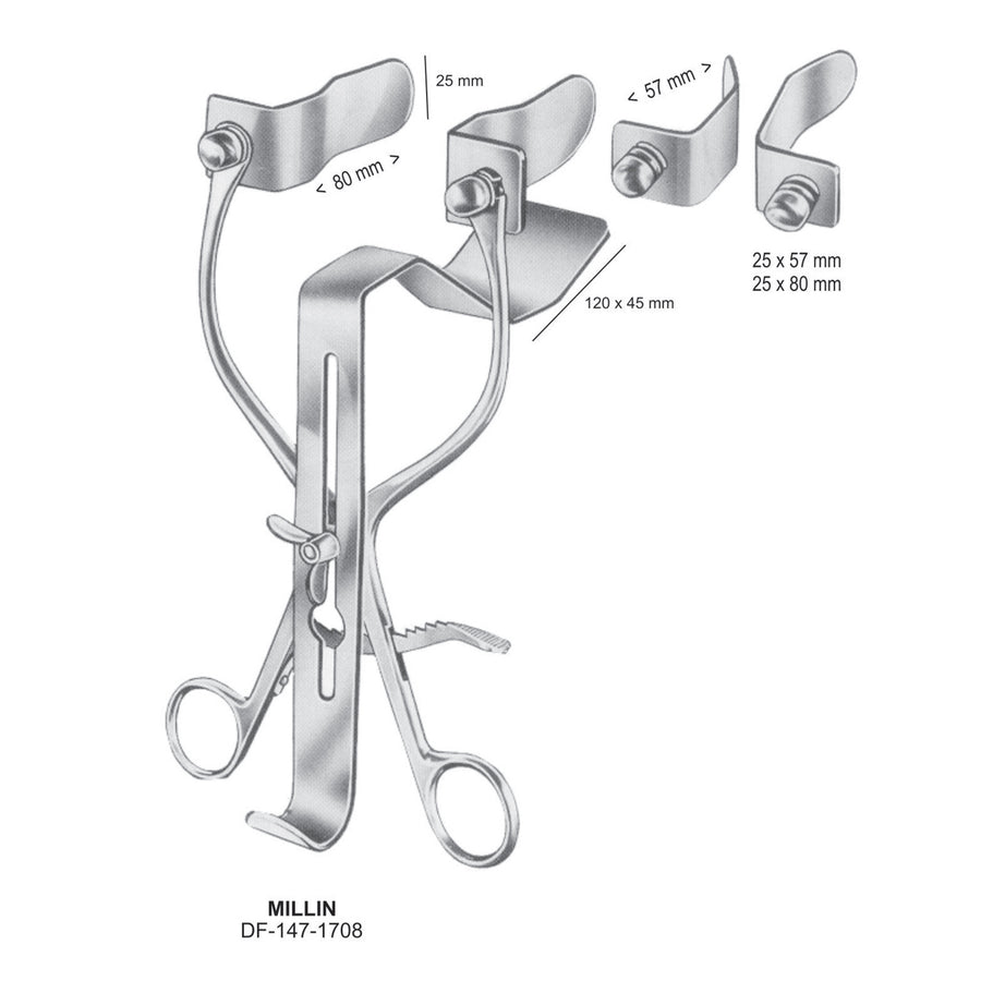 Millin Retractors , 25X80mm , 120X45mm Central Blade, 57X25mm , 25X80mm (DF-147-1708) by Dr. Frigz